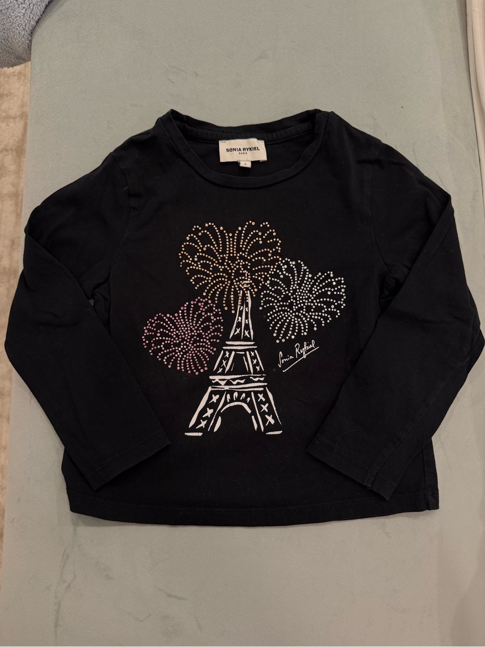Sonia Rykiel Black Long-Sleeve Top with Eiffel Tower & Sparkle Fireworks